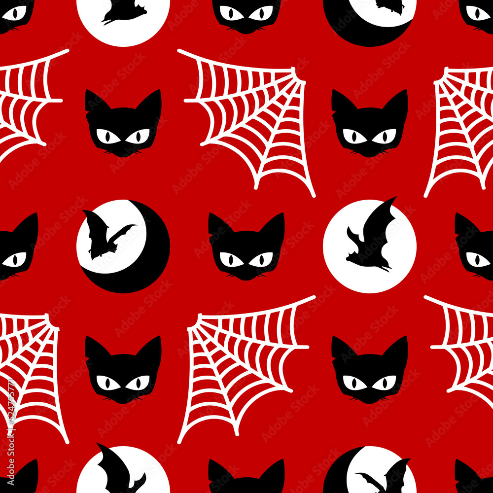 Halloween seamless pattern made up of cats, bats and web. Gothic holiday endless pattern for printing on package, wrapper, envelopes, cards, clothes or accessories. Autumn seasonal wallpaper or cover.