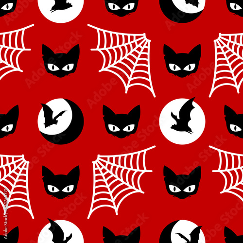 Fototapeta Naklejka Na Ścianę i Meble -  Halloween seamless pattern made up of cats, bats and web. Gothic holiday endless pattern for printing on package, wrapper, envelopes, cards, clothes or accessories. Autumn seasonal wallpaper or cover.