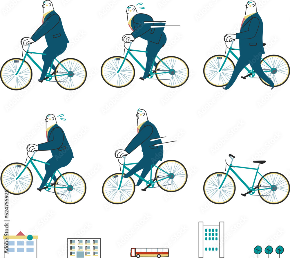 Fototapeta premium 自転車に乗ってビジネス街を走るビジネスパーソン セット イラスト素材 