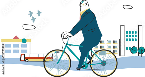 自転車に乗ってビジネス街を走るビジネスパーソン　イラスト素材