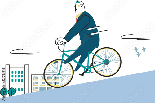 自転車に乗ってビジネス街を走るビジネスパーソン　イラスト素材