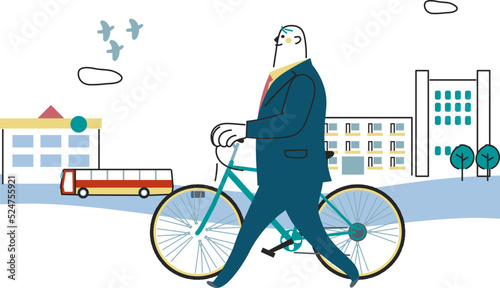 自転車を押してビジネス街を歩くビジネスパーソン　イラスト素材

