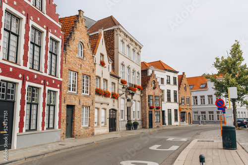 Street scene with colorful medieval buildings in Bruges  Belgium