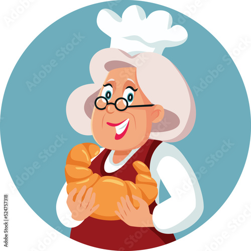 Baker Shop Lady Holding a Big Croissant Vector Illustration. Happy granny with giant pastry product for breakfast 