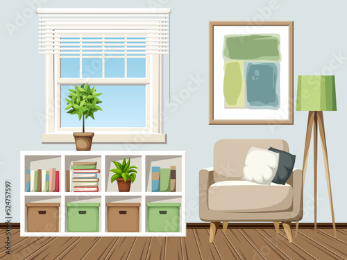 Cozy modern room interior with an armchair, shelving, a window, and a big abstract painting. Cartoon vector illustration