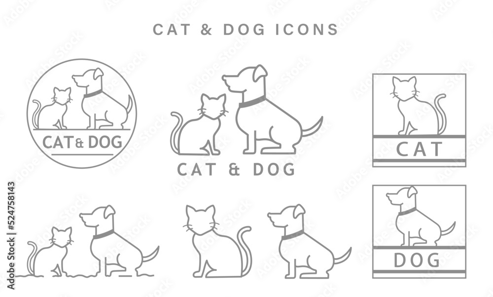犬と猫のベクターイラストセット。ロゴ、看板、パッケージに向いているシンプルな白背景デザイン。ペットショップや動物病院にも。