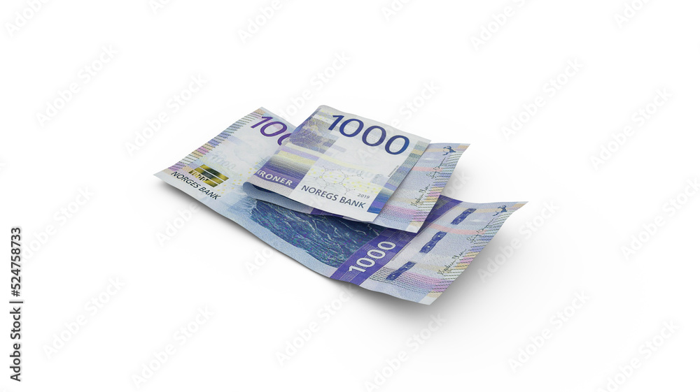 3D rendering of Double 1000 Norwegian krone notes isolated on white background 3D rendering of Double 1000 Norwegian krone notes isolated on white background