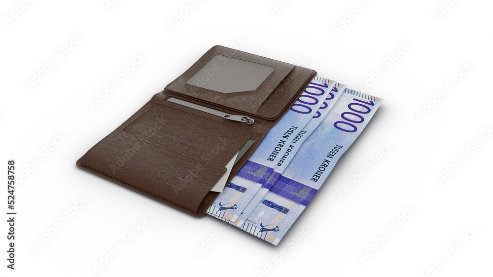 3D rendering of 1000 Norwegian krone notes in wallet 3D rendering of 1000 Norwegian krone notes in wallet
