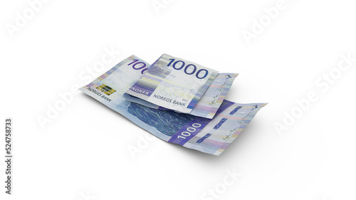 Tableau sur toile 3D rendering of Double 1000 Norwegian krone notes isolated on white background