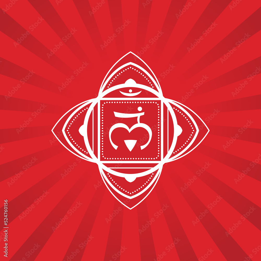 Muladhara. First primary chakra vector hand drawing illustration - for yoga studio. Prostate and fallopian tube in human body. Energy center of human body, used in Hinduism, Buddhism Ayurveda, Reiki