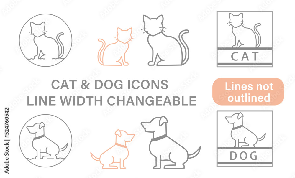 猫と犬のアイコン　ロゴ、看板、ラベル、製品パッケージ、パンフレットやウェブサイトのデザイン、インフォグラフィックに最適。線幅変更が可能。アウトライン化されていないので、色の変更や、デザインのリタッチがしやすい。