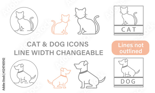 Fototapeta Naklejka Na Ścianę i Meble -  猫と犬のアイコン　ロゴ、看板、ラベル、製品パッケージ、パンフレットやウェブサイトのデザイン、インフォグラフィックに最適。線幅変更が可能。アウトライン化されていないので、色の変更や、デザインのリタッチがしやすい。