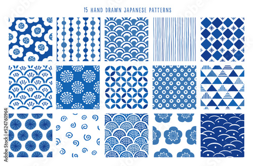 手書きの和柄のシームレスパターンセット（青）