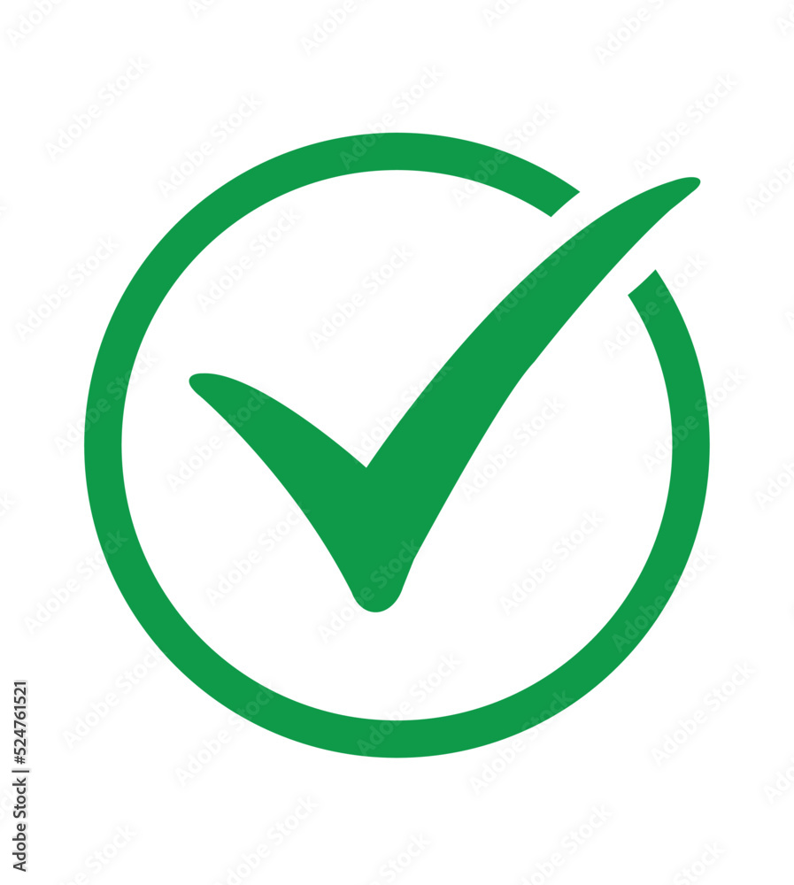 Green circle with green tick. Flat OK sticker icon. Green check mark icon. Tick symbol in green color Green circle with green tick. Flat OK sticker icon. Green check mark icon. Tick symbol in green color