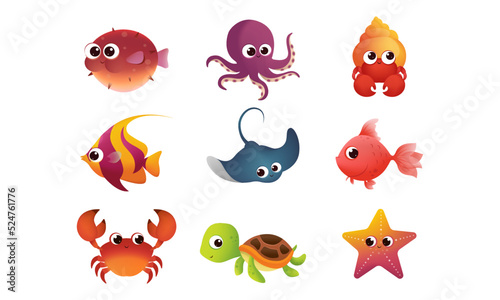 cute sea life animals. set of marine animals in cartoon style
