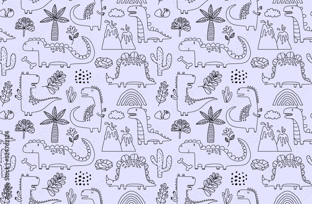 seamless pattern with hand drawn dinosaurs in scandinavian style. 