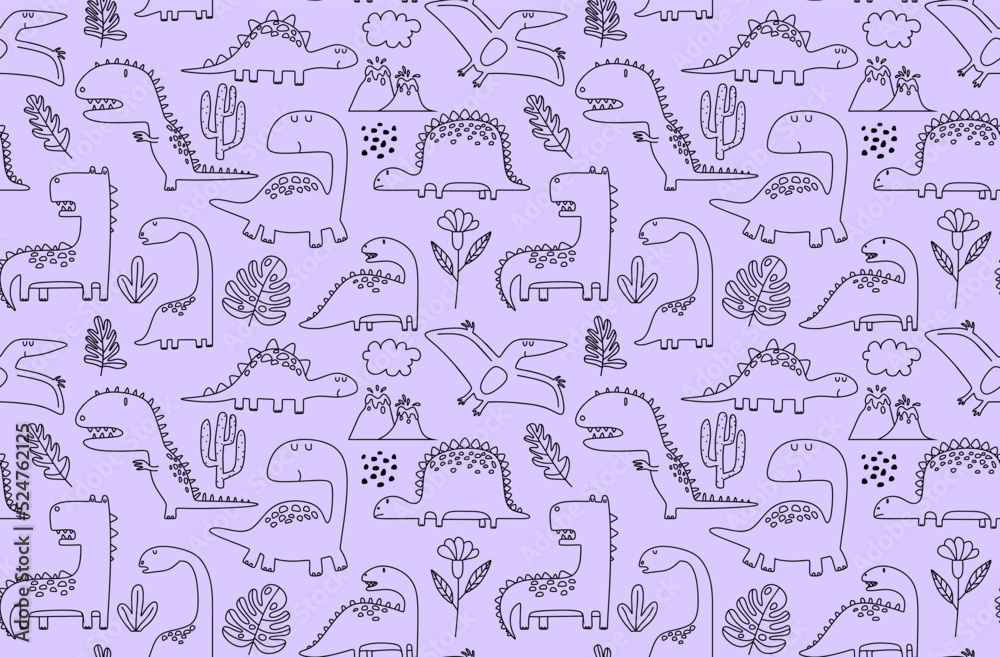 seamless pattern with hand drawn dinosaurs in scandinavian style. 