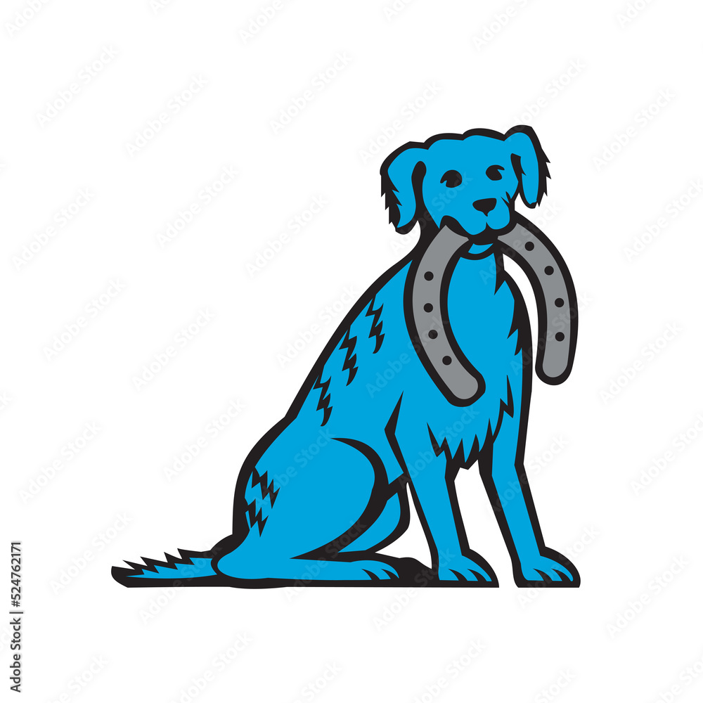 Blue Merle Dog Sitting Biting Horseshoe Retro