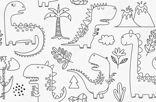seamless pattern with hand drawn dinosaurs in scandinavian style. 