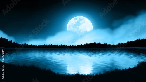 Calm moonlight night lake reflection. photo