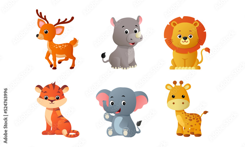 set of wildlife animals in hand drawn style. cute cartoon animals set of wildlife animals in hand drawn style. cute cartoon animals