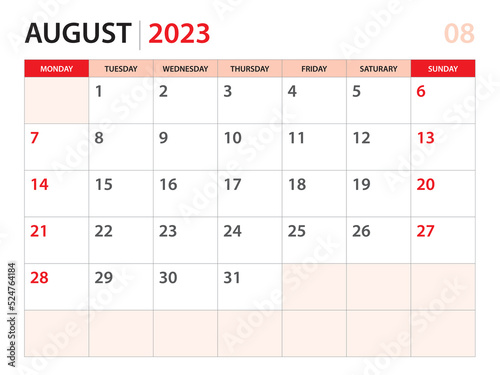 Calendar planner 2023 - August 2023 template, week start on Monday, Desk calendar 2023 year, simple and clean design, Wall calendar design, Corporate design planner template, red background