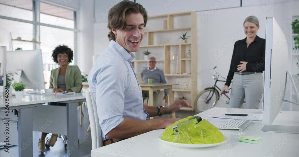 Funny company culture, office joke for April fools day prank and business team wellness. Working at desks in corporate, coworking work environment with executive agency professional happy staff.