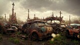 3D Illustration of a Dirty and rusty abandoned workshop with the car and a tower