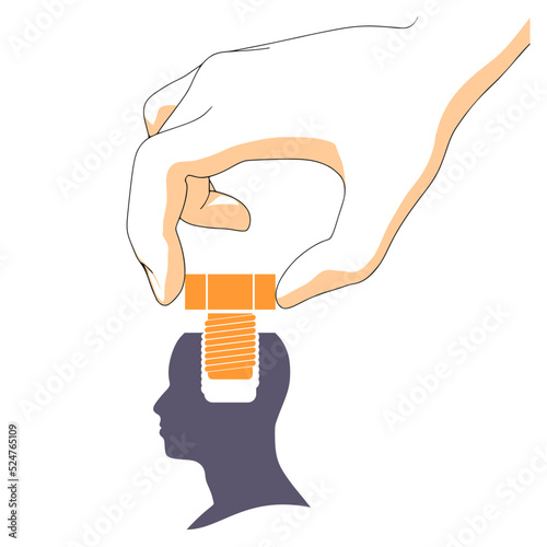 Hand screwing a screw into the head. Mental health and politic concept