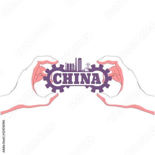 Hand holding China country name with energy generation , power supply, technology and industry relative icons.