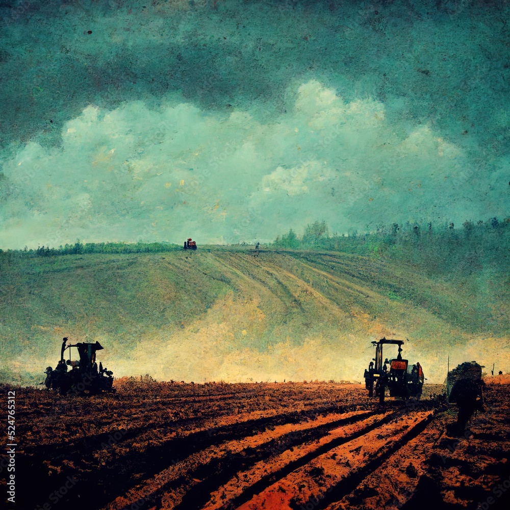 3D Illustration of a Tractor standing on the farm during the working time and the white clouds 3D Illustration of a Tractor standing on the farm during the working time and the white clouds