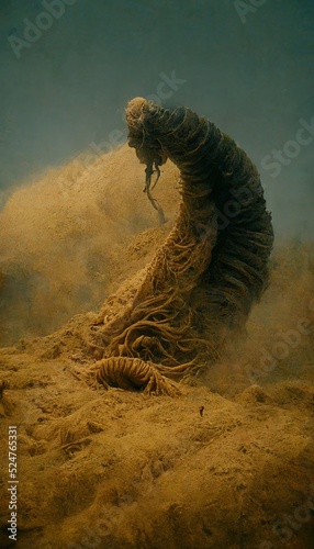 3D Illustration of a man Fighting the giant worm lonely in the desert with the sand © Ibnu