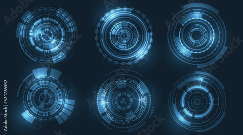 Circle technology icon set.Futuristic hud interface concept.Sci fi gaming hologram circle, digital tech energy element.
