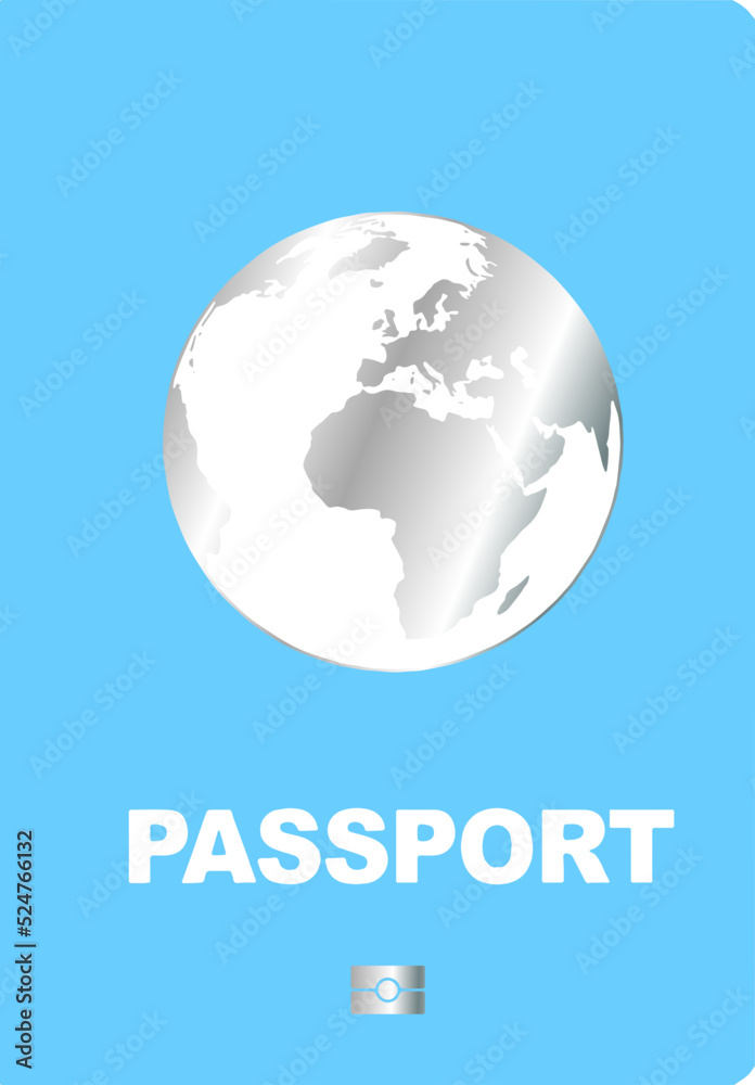  a blue passport with the word passport and a silver globe sign , on a transparent background, realistic minimalistic illustration vector