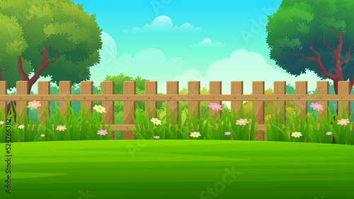 Beautiful village country house Backyard with wooden fence, green lawn and trees vector illustration