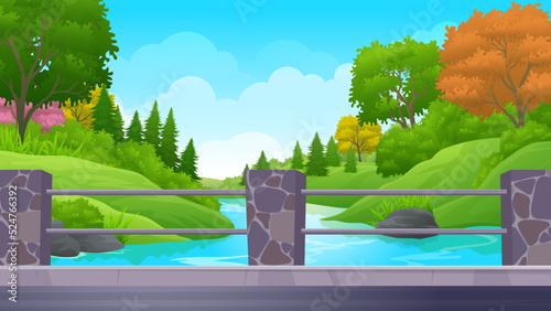 Bridge over the river with stone fence and beautiful natural scenery cartoon landscape