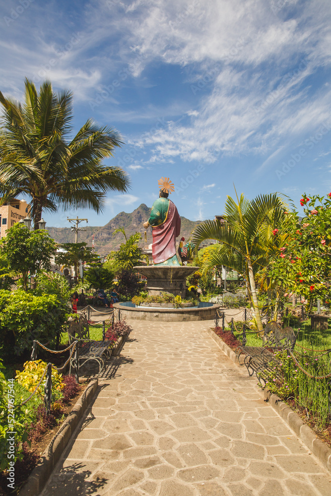 Garden with large statue in Guatemala, San Marcos or Santiago area near Lake Atitlan