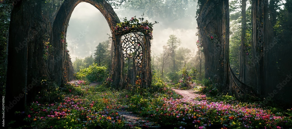 Spectacular archway covered with vine in the middle of fantasy fairy tale forest landscape, misty on spring time. Digital art 3D illustration. - obrazy, fototapety, plakaty 
