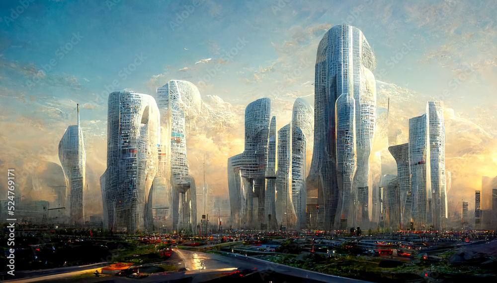 Obraz premium High-rise buildings, flying vehicles, and lush vegetation all coexist in futuristic fantasy cityscape. Spectacular digital art 3D illustration. Acrylic painting.