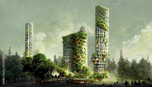 Slika na platnu Spectacular eco futuristic cityscape abundant in vegetation features city buildings and green park, forest