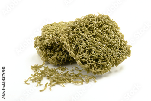 green instant noodles isolated on white background