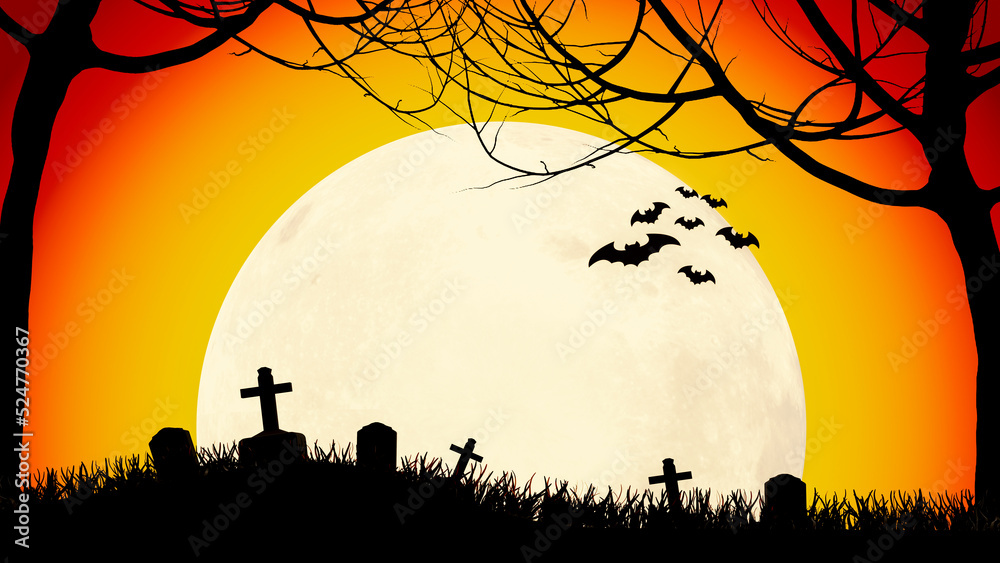 Background full moon orange and dead branches with tombstone or grave, no leaves, grass in silhouette for Halloween use. paper or flat background Halloween festival. 3d rendering