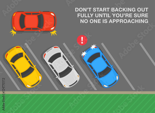 Safe parking tips and rules. Top view of a angled parked cars. Do not start backing out fully until you are sure no one is approaching. Flat vector illustration template.