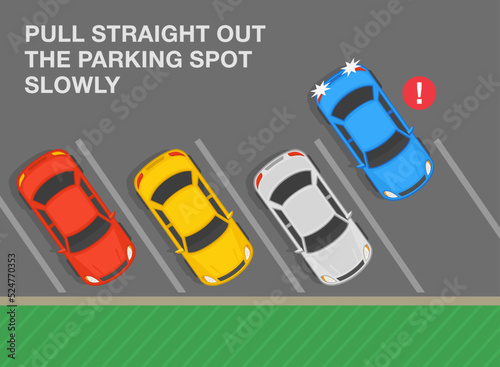 Safe parking tips and rules. Top view of a parked cars. Pull straight out the parking spot slowly and check for oncoming traffic. Flat vector illustration template.