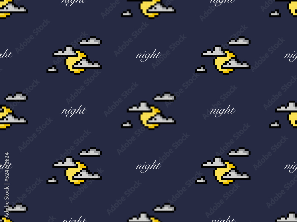 Night seamless pattern on blue background. Pixel style