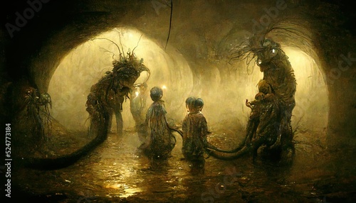 3D Illustration of a Kids with the monster in the dark and dirty sewer with the brown wall photo