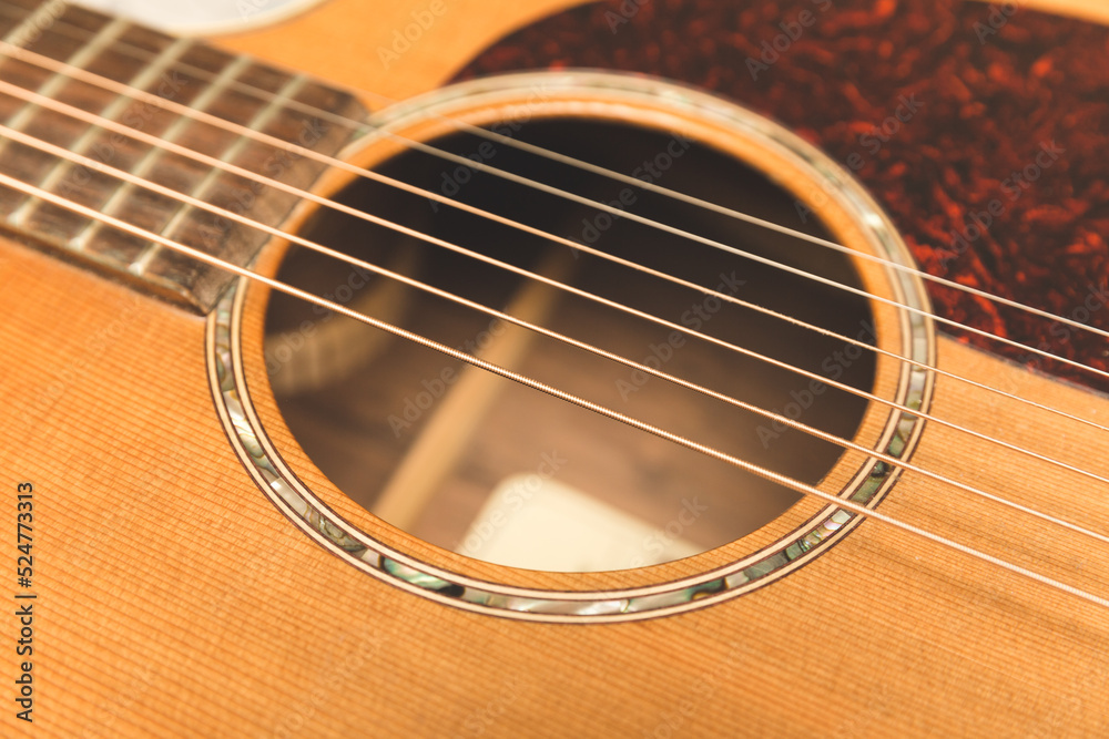 Steel strings on an ornate acoustic guitar Steel strings on an ornate acoustic guitar