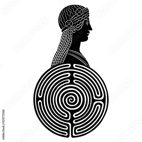 Antique woman or goddess on top of a round spiral maze or labyrinth symbol. Ariadne. Isis from Pompeii. Creative concept. Black and white silhouette.