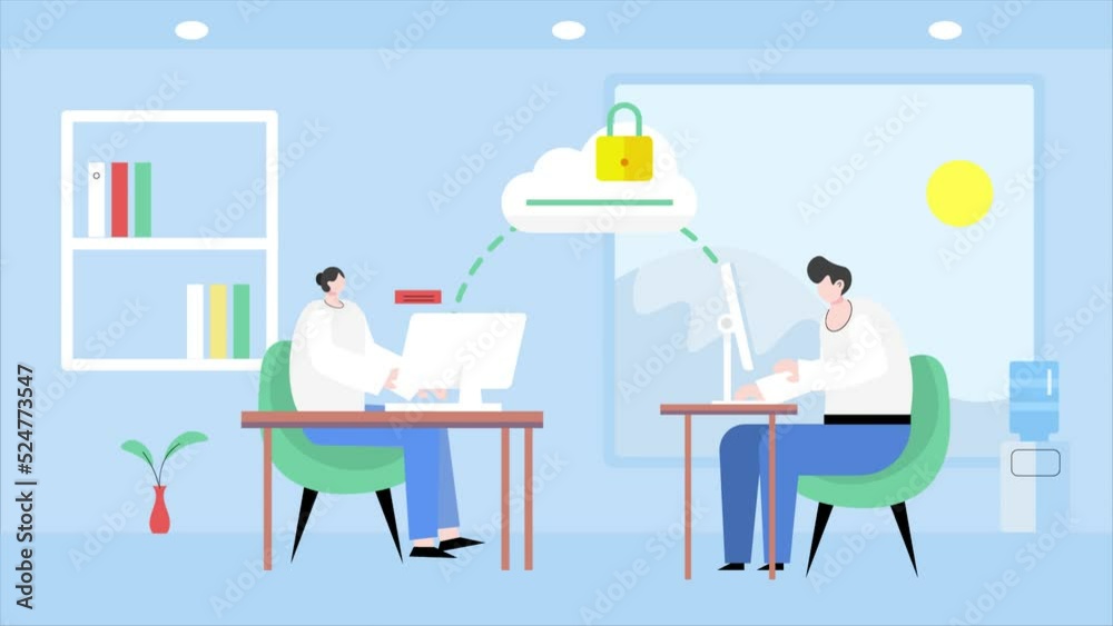 Office people uploading data to cloud storage. People using secure cloud computing network at the office. 4k video animation Office people uploading data to cloud storage. People using secure cloud computing network at the office. 4k video animation