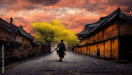 Photo 3D Illustration of a Samurai warrior walking on the road between the Japanese vi